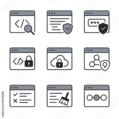 Secure Coding Icons. Flat icon set of secure coding practices: code review, static analyzer, input validation, encryption library,