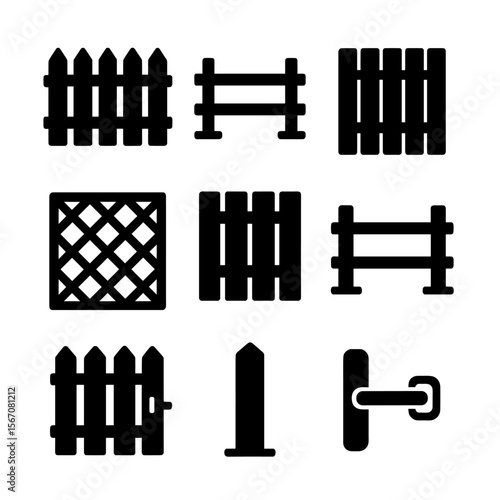 Fence Icon Set. Solid, filled icon set of wooden fence styles: picket fence, split rail fence, privacy fence, lattice fence, board