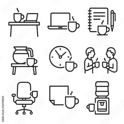 Coffee Break Icons. Outline icon set of coffee break at work: desk with coffee mug, laptop and cup, notepad with pen and coffee,