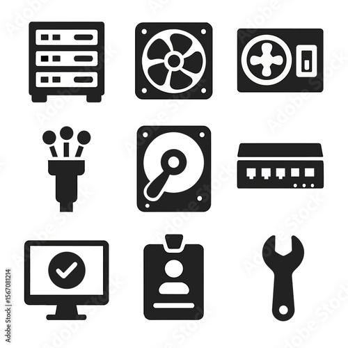 Data Center Icons. Solid, filled icons set of data center operations: server rack, cooling fan, power supply