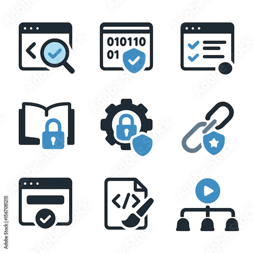 Secure Coding Icons. Flat icon set of secure coding practices: code review, static analyzer, input validation, encryption library,