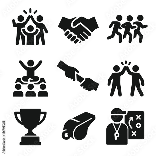 Group Activities Icons. Solid, filled icon set of group activities: team cheer, handshake, group run, fitness class, relay baton,