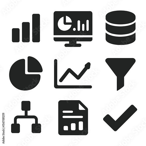 Data Analytics Icons. Solid, filled icons set of data-driven decisions: bar chart, analytics dashboard,