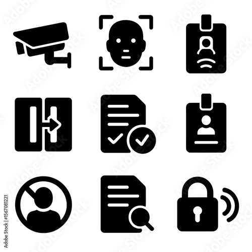 Data Center Security Icons. Solid, filled icons set of data center access control: security camera, biometric