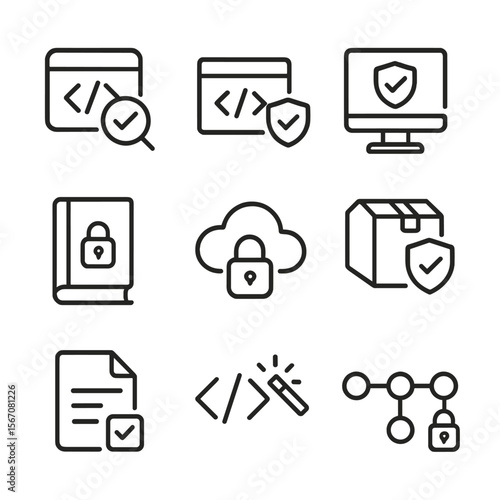 Secure Coding Icons. Outline icon set of secure coding practices: code review, static analyzer, input validation, encryption