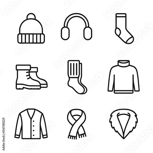 Cold Weather Icons. Outline icon set of cold weather accessories: beanie hat, earmuffs, thermal socks, winter boots, leg warmers,