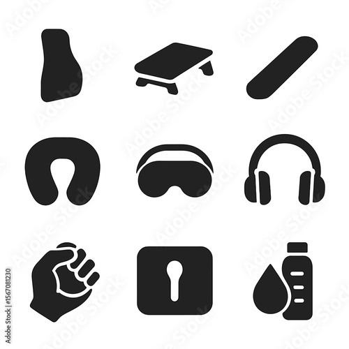 Ergonomic Comfort Icons. Solid, filled icon set of ergonomic and comfort items: lumbar support, footrest, wrist rest, travel