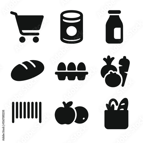 Grocery Icons Grid. Solid, filled icon set of grocery shopping essentials: shopping cart, canned food, milk bottle, bread loaf,