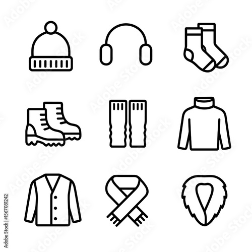 Cold Weather Icons. Outline icon set of cold weather accessories: beanie hat, earmuffs, thermal socks, winter boots, leg warmers,