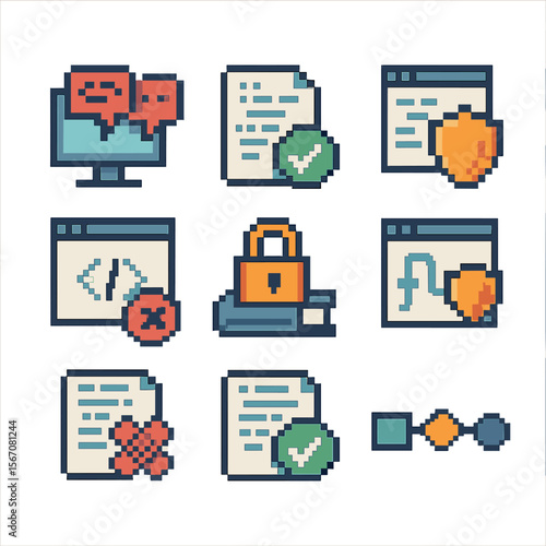 Secure Coding Icons. Pixel art icon set of secure coding practices: code review, static analyzer, input validation, encryption