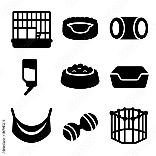 Ferret Habitat Icons. Solid, filled icon set of ferret habitat: cage, bedding, tunnel, water bottle, food dish, litter box,