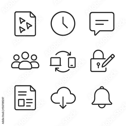 Collaborative Editing Icons. Outline icon set of real-time collaborative editing: shared document with multiple cursors, version