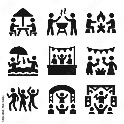 Group Gathering Icons. Solid, filled icon set of group gatherings: picnic, barbecue, campfire, beach party, rooftop, garden party,