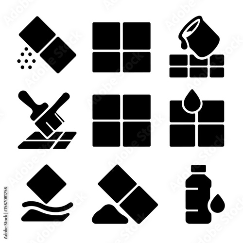 Grout Icon Set. Solid, filled icon set of types of grout: sanded grout, unsanded grout, epoxy grout, premixed grout, colored grout