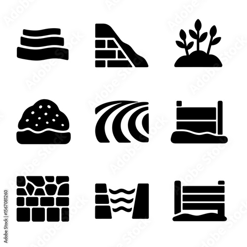 Erosion Prevention Icons. Solid, filled icon set of erosion prevention methods: terracing, retaining wall, vegetation cover, mulch