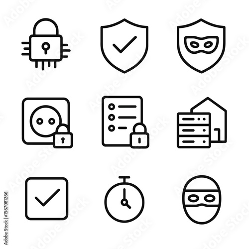 Security Icon Set. Outline icon set of security and privacy controls: data encryption lock, GDPR compliance badge, access control