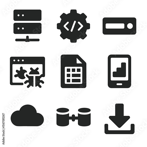 Data Source Icons Grid. Solid, filled icons set of data sources and collection: data server, API icon, form