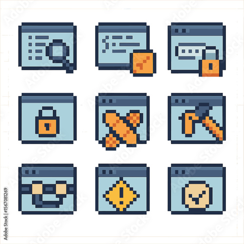 Secure Coding Icons. Pixel art icon set of secure coding practices: code review, static analyzer, input validation, encryption