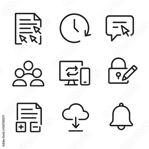 Collaborative Editing Icons. Outline icon set of real-time collaborative editing: shared document with multiple cursors, version