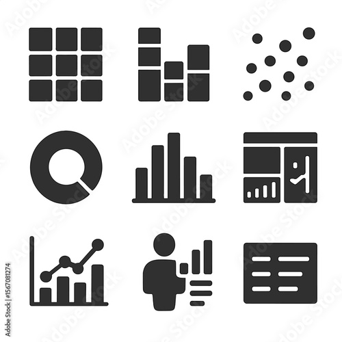 Data Visualization Icons. Solid, filled icons set of data visualization techniques: heat map, stacked bar