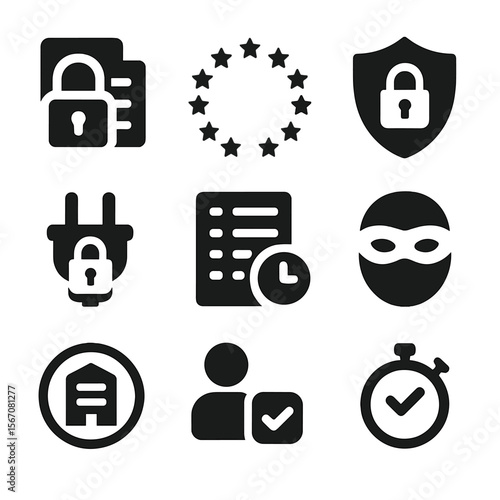 Security Icons Grid. Solid, Filled icon set of security and privacy controls: data encryption lock, GDPR compliance badge, access
