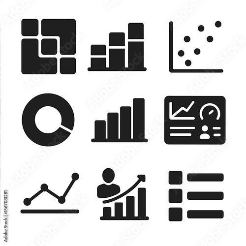 Data Visualization Icons. Solid, filled icons set of data visualization techniques: heat map, stacked bar