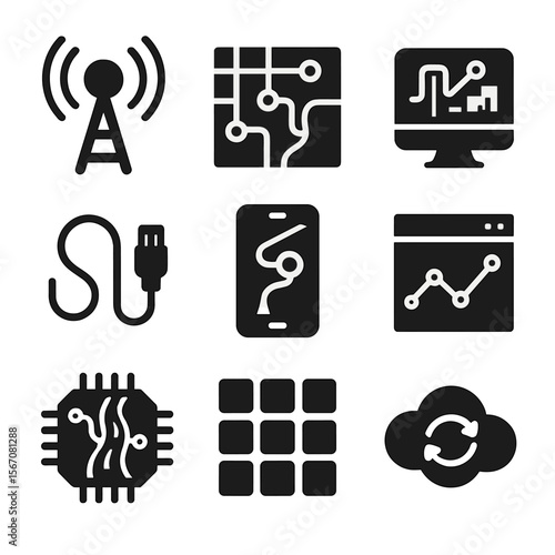 Data-Driven Energy Icons. Solid, filled icons set of data-driven energy roads: wireless transmitter, sensor
