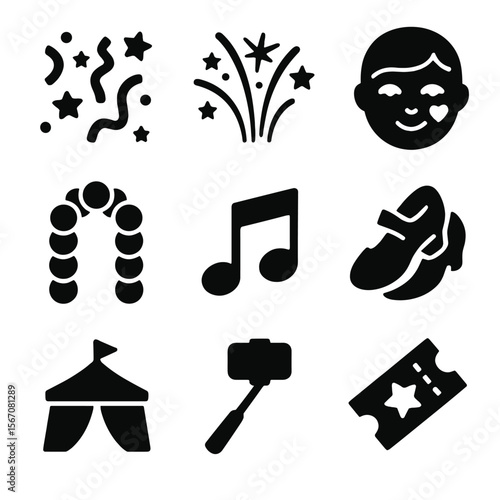 Festival Icon Set. Solid, filled icon set of festival photography elements: confetti, fireworks, face paint, balloon arch, music