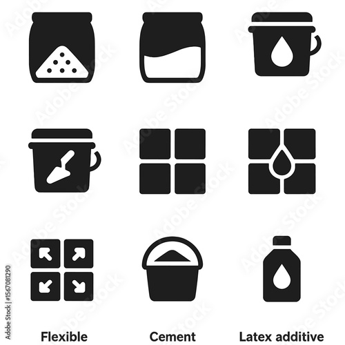 Grout Icon Set. Solid, filled icon set of types of grout: sanded grout, unsanded grout, epoxy grout, premixed grout, colored grout