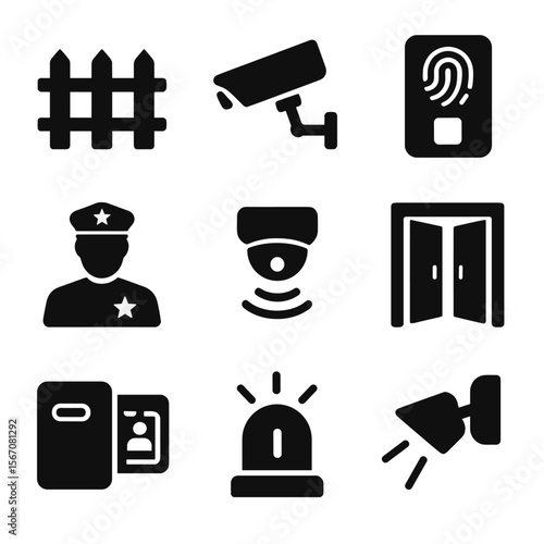 Security Icon Grid. Solid, Filled icon set of physical security integration: perimeter fence, CCTV camera, biometric reader,