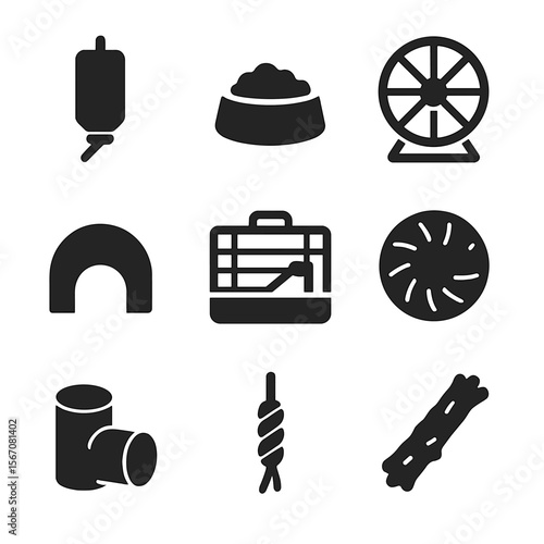 Hamster Accessory Icons. Solid, filled icon set of hamster accessories: water bottle, food bowl, exercise wheel, hideout, cage,
