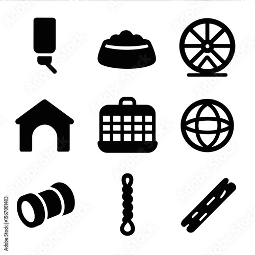 Hamster Accessory Icons. Solid, filled icon set of hamster accessories: water bottle, food bowl, exercise wheel, hideout, cage,