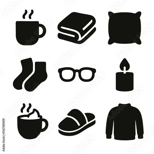 Evening Comfort Icons. Solid, filled icon set of evening comfort items: warm tea cup, cozy blanket, plush pillow, soft socks,