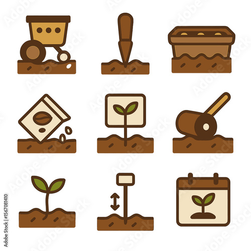 Seed Planting Icons. Flat icon set of seed planting furrows: seed drill, dibbler, planter box, seed packet, germination marker,