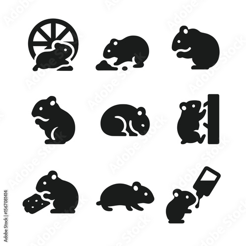 Hamster Activities Icons. Solid, filled icon set of hamster activities: running wheel, digging, nibbling food, grooming, sleeping,