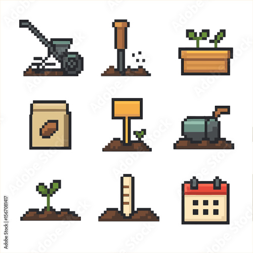 Seed Planting Icons. Pixel art icon set of seed planting furrows: seed drill, dibbler, planter box, seed packet, germination