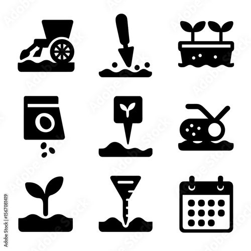Seed Planting Icons. Solid, Filled icon set of seed planting furrows: seed drill, dibbler, planter box, seed packet, germination