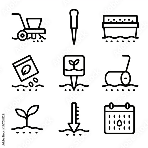 Seed Planting Icons. Outline icon set of seed planting furrows: seed drill, dibbler, planter box, seed packet, germination marker,