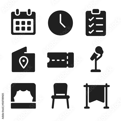 Event Logistics Icons. Solid, filled icon set of event logistics: calendar, clock, checklist, venue map, ticket, microphone stand,