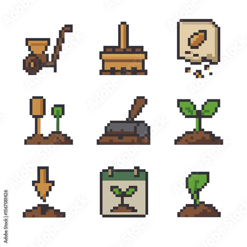 Seed Planting Icons. Pixel art icon set of seed planting furrows: seed drill, dibbler, planter box, seed packet, germination