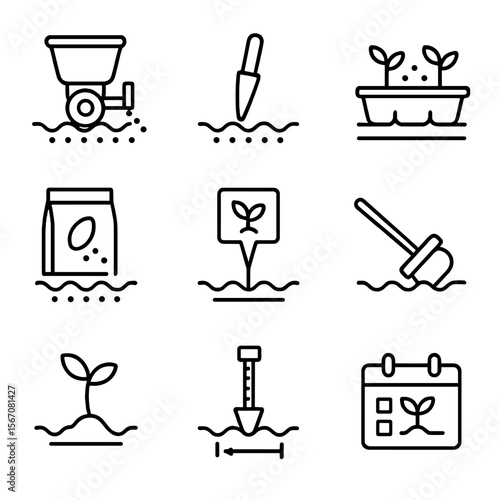 Seed Planting Icons. Outline icon set of seed planting furrows: seed drill, dibbler, planter box, seed packet, germination marker,