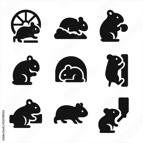 Hamster Activities Icons. Solid, filled icon set of hamster activities: running wheel, digging, nibbling food, grooming, sleeping,
