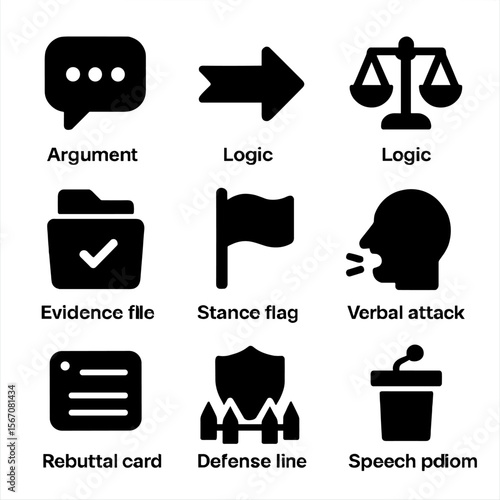 Debate Icons Set. Solid, filled icons set of offense vs defense in debate: argument bubble, counterpoint arrow