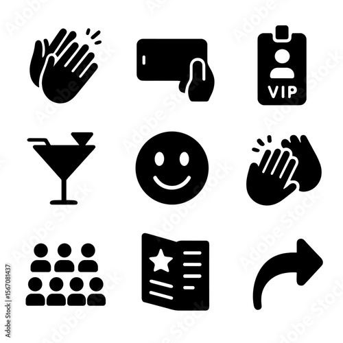 Event Icons Grid. Solid, filled icon set of audience and attendees: clapping hands, camera phone, VIP badge, cocktail glass,