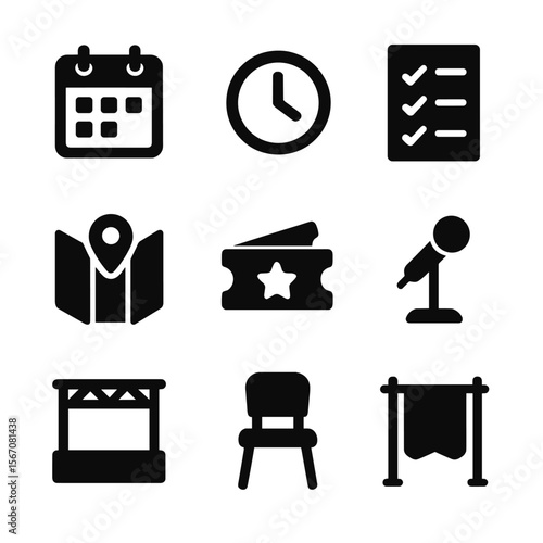 Event Logistics Icons. Solid, filled icon set of event logistics: calendar, clock, checklist, venue map, ticket, microphone stand,