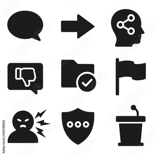 Debate Icons Set. Solid, filled icons set of offense vs defense in debate: argument bubble, counterpoint arrow