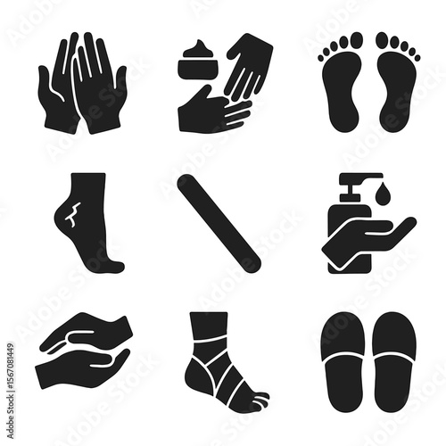 Hand and Foot Care Icons. Solid, filled icon set of hand and foot care: hands icon, fingers rubbing cream, feet symbol, cracked