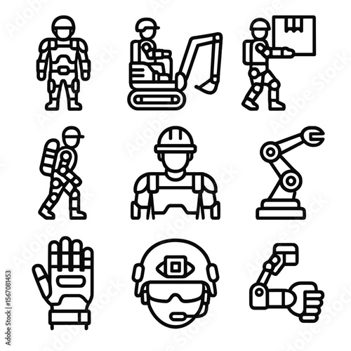 Exoskeleton Applications Icons. Solid, filled icon set of Industrial and military exoskeleton applications: soldier wearing