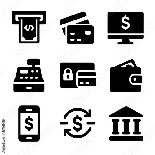 Financial Icons Grid. Solid, filled icon set of financial distribution channels: ATM, credit card swipe, online banking, cash