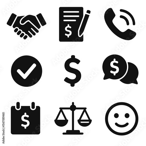 Debt Management Icons. Solid, filled icons set of negotiating and managing debt repayment: handshake icon,